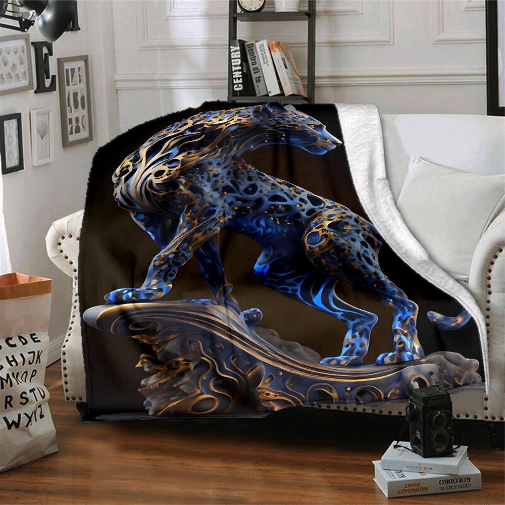 1pc Blue Leopard Blanket, Lightweight Flannel Fleece with Digital Printing, Soft Warm for Sofa, Travel, Camping, Office, Couch, Chair, and Bed, All-Se