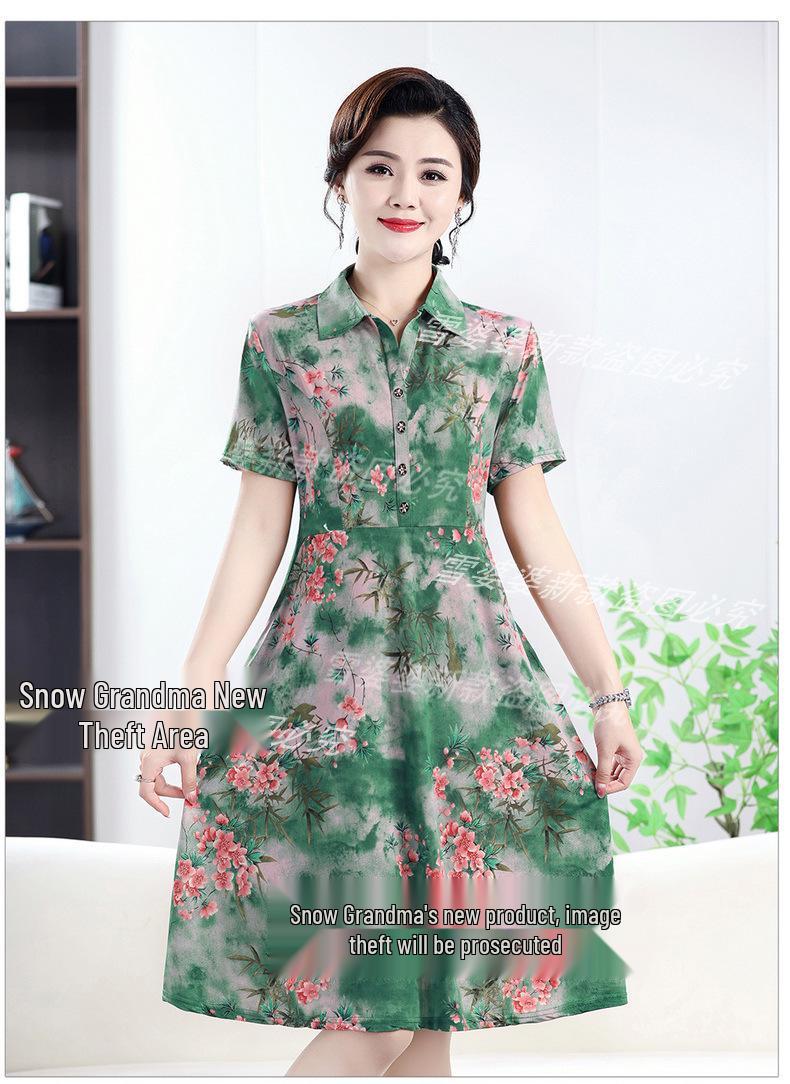 

Mother s Summer Ice Silk Printed Dress: Slimming, Medium-Length, Short-Sleeved (Plus Size). 5XL (suggested 70-80 kg)
