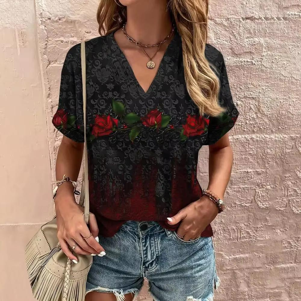 2025 Vintage Flower Pattern 3d Print Ethnic T-shirt Women Fashion V-Neck Short Sleeve Oversized Casual Tops Tees Ladies Clothing