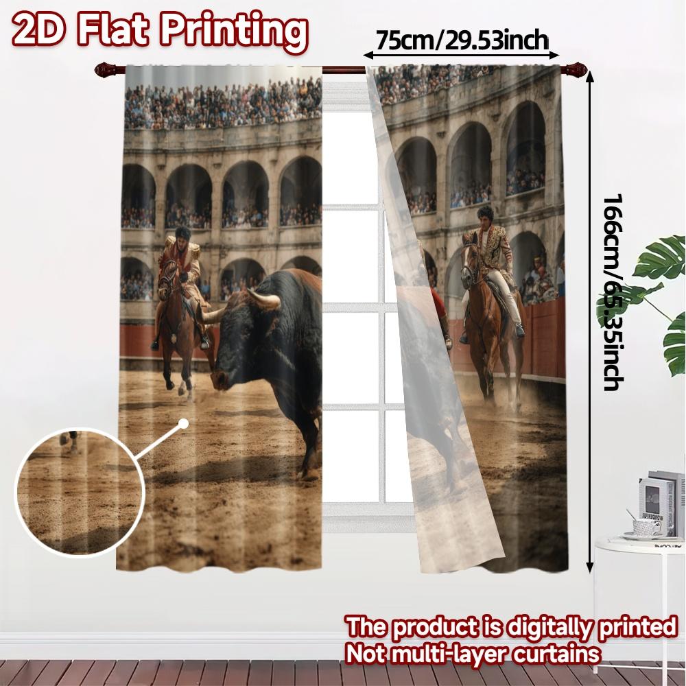 Set Of 2 Modern Flat Printing Curtains Without Rod Bullring Drama Prints Curtain With Sheer Polyester