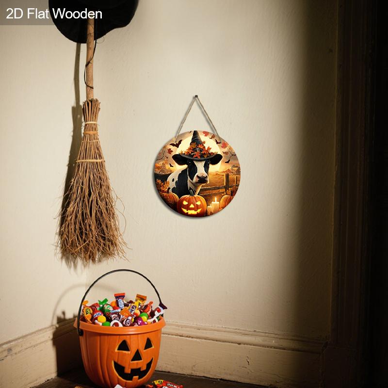 2D Flat 1pc Wooden Halloween Vintage Decorative Sign,Cow with Witch Hat and Pumpkin Pattern Design, Wall Hanging Decor,Ideal Halloween Festive Gift