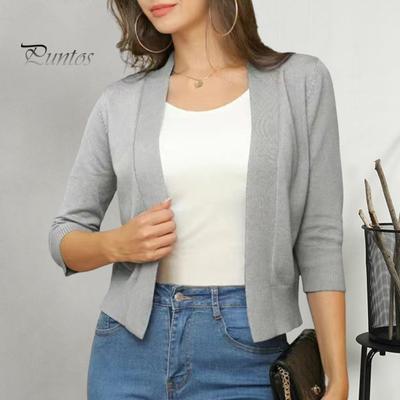 Women Knitting Cardigan Collarless 3/4 Sleeve Short Knitting Jacket Solid Color Open Stitching Knitted Outerwear