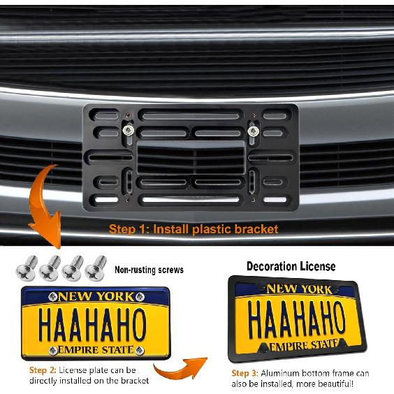 Aootf Front License Plate Mounting Kit- License Plate Bracket & Black Aluminum Car Tag Holder Cover Fit No Drilling Hole Front Bumper, Universal