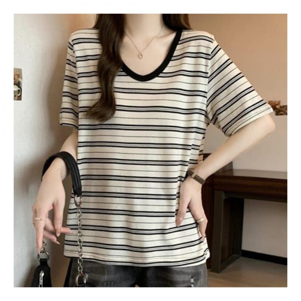 NaVaVa NT1833 Casual STripe Loose FiT V Neck T shirT