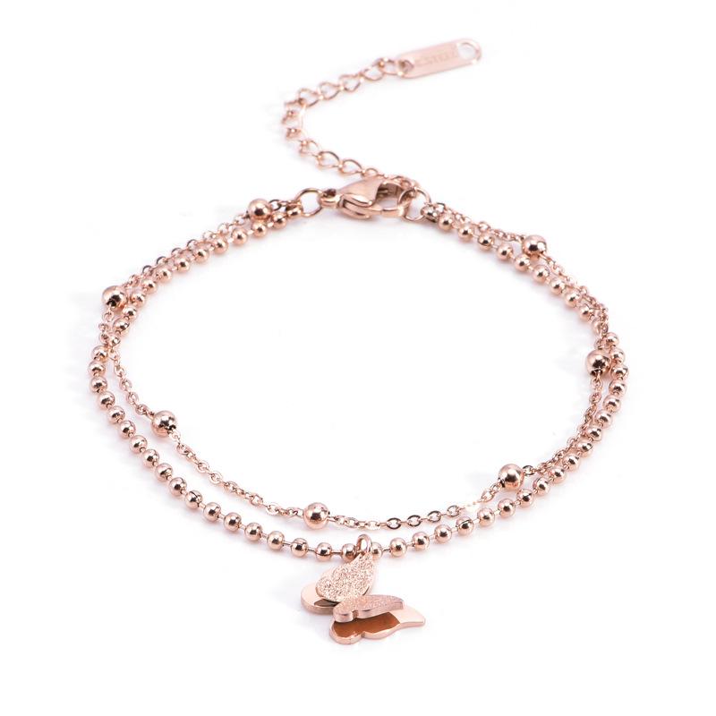 Rose Gold Double Layer Butterfly & Beads Anklet - Titanium Steel, Trendy for Women