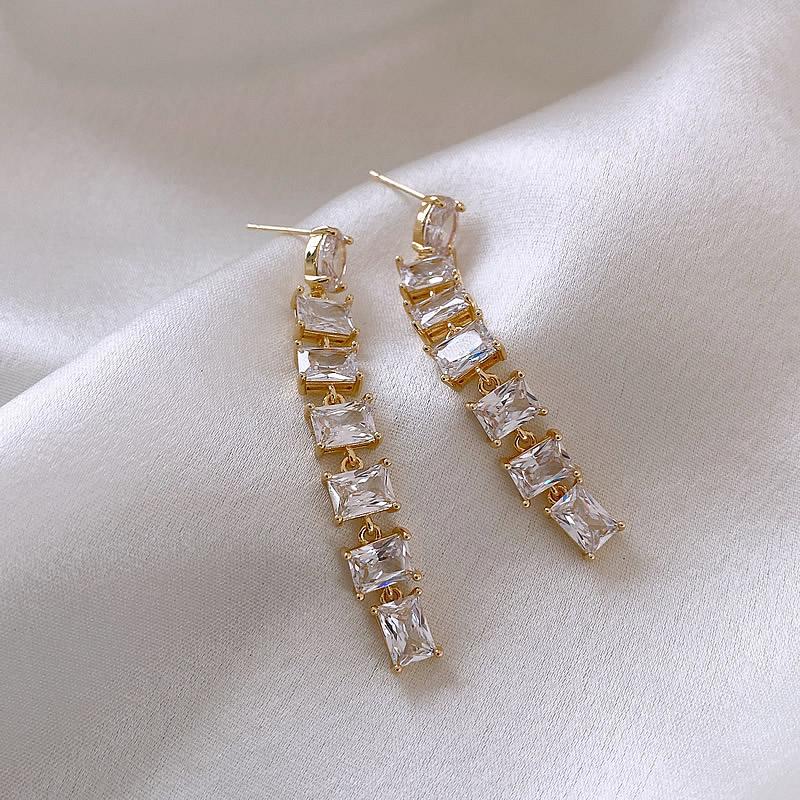 14K Real Gold Plating Korea  Fashion Jewelry Luxury Shiny Square Zircon Long Earrings Elegant Women Wedding Party Accessories