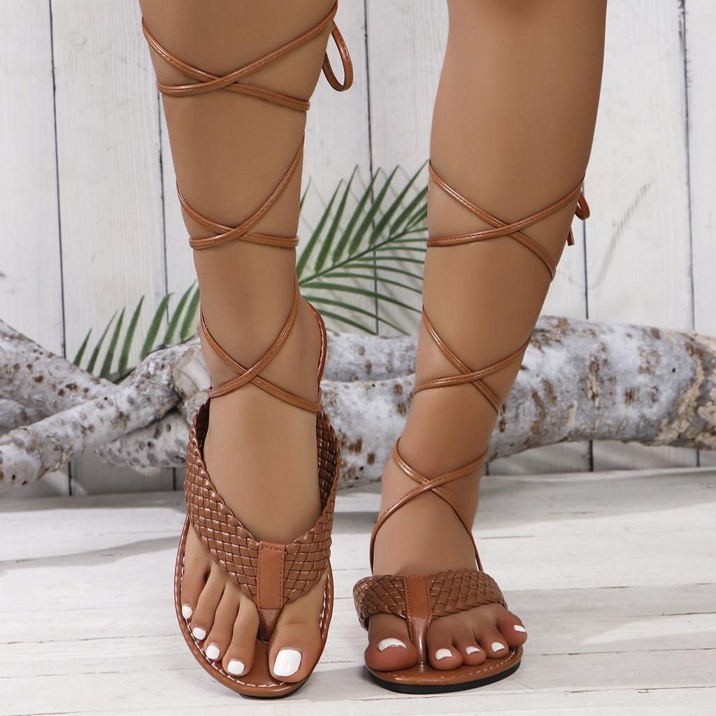 Fashion Women's Sandals 2025 Summer Braided Flats Casual Sandals Cross Lace Up Women's Roman Sandals Sandalias De Mujer Women Shoes