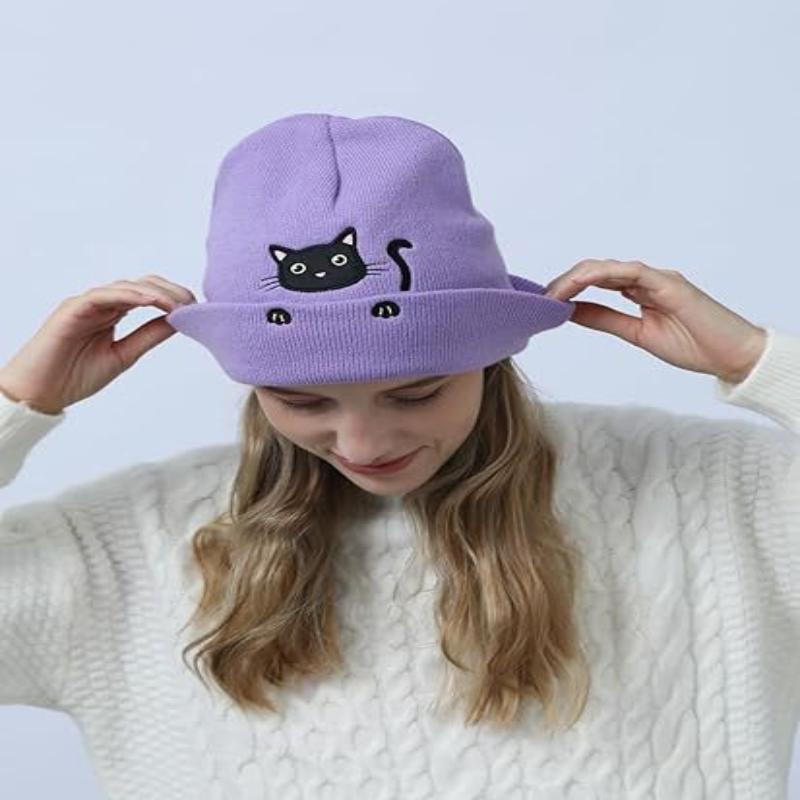 Winter Female Cat Embroidered Bonnets Cute Cat Acrylic Knitted Hats Soft Warm Beanies For Women Men