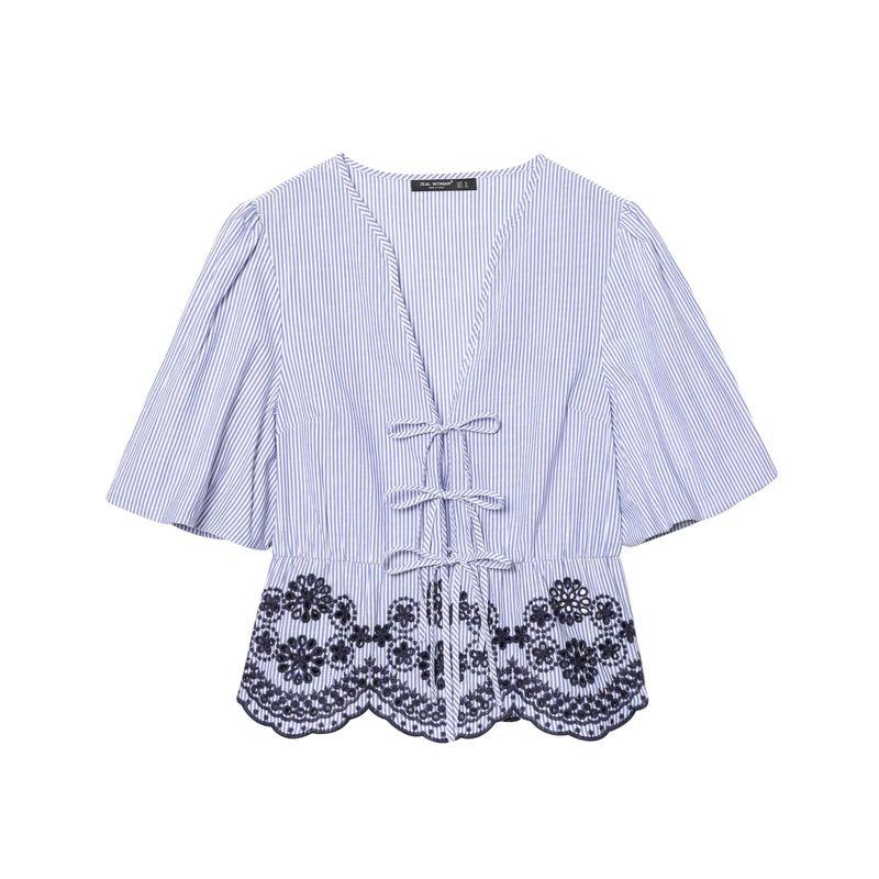 Kaslead New Women Clothes Western Style Embroidery Stripe V-neck Top Trousers 3402932 3399932