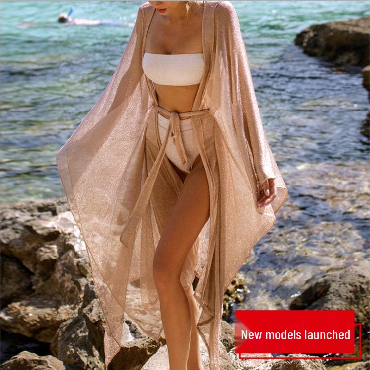 European Style Long Spandex Mesh Cardigan Beach Cover-Up