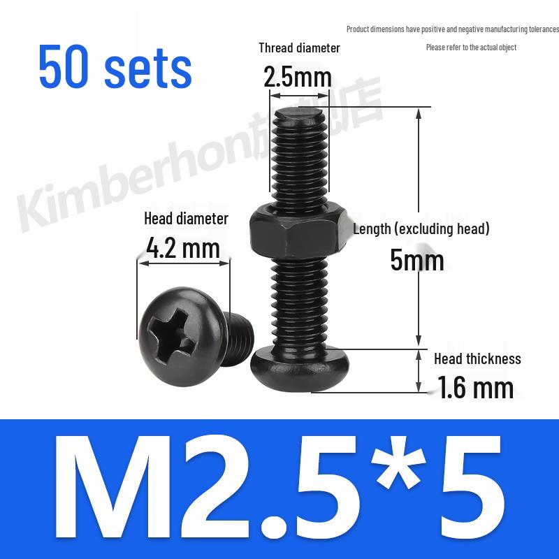 Complete Set of Black 304 Stainless Steel Phillips Round Head Screws and Nuts - M2M3M4M5M6MM.