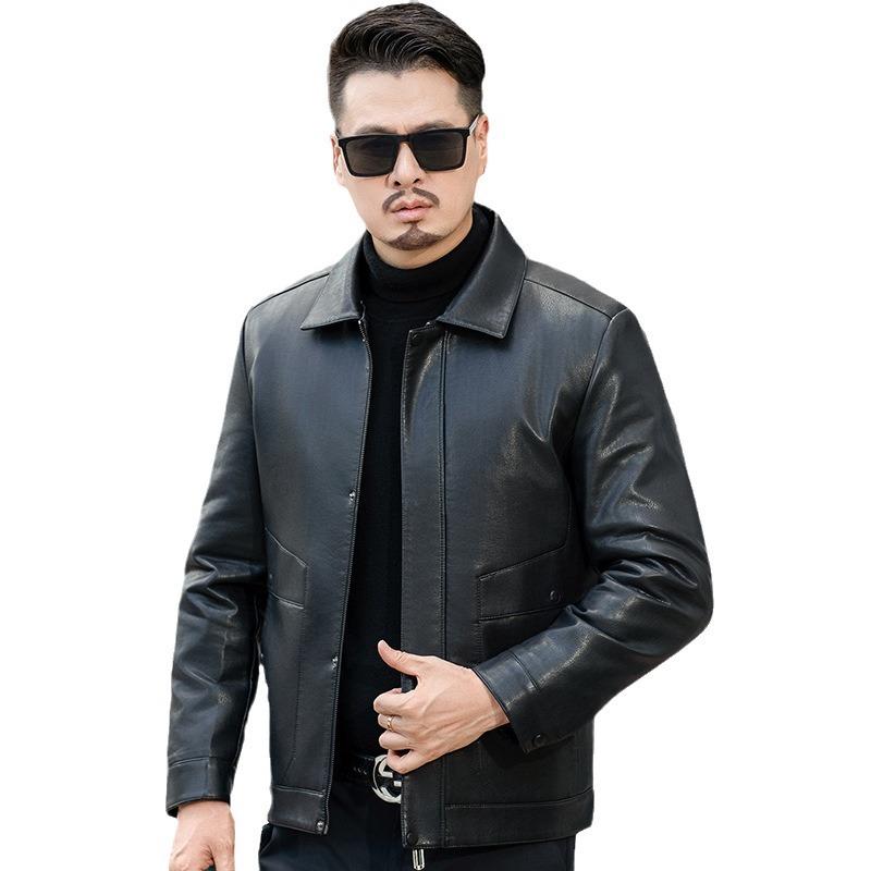 Middle-aged and Elderly Men's Genuine Leather Jackets, Middle-aged and Casual Thickened Fur Integrated Lapel Thickened Jackets for Winter