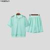 Incerun Beach Sets Men Twopiece Hollow Short Sleeve Tops Elastic Waist Shorts Suits