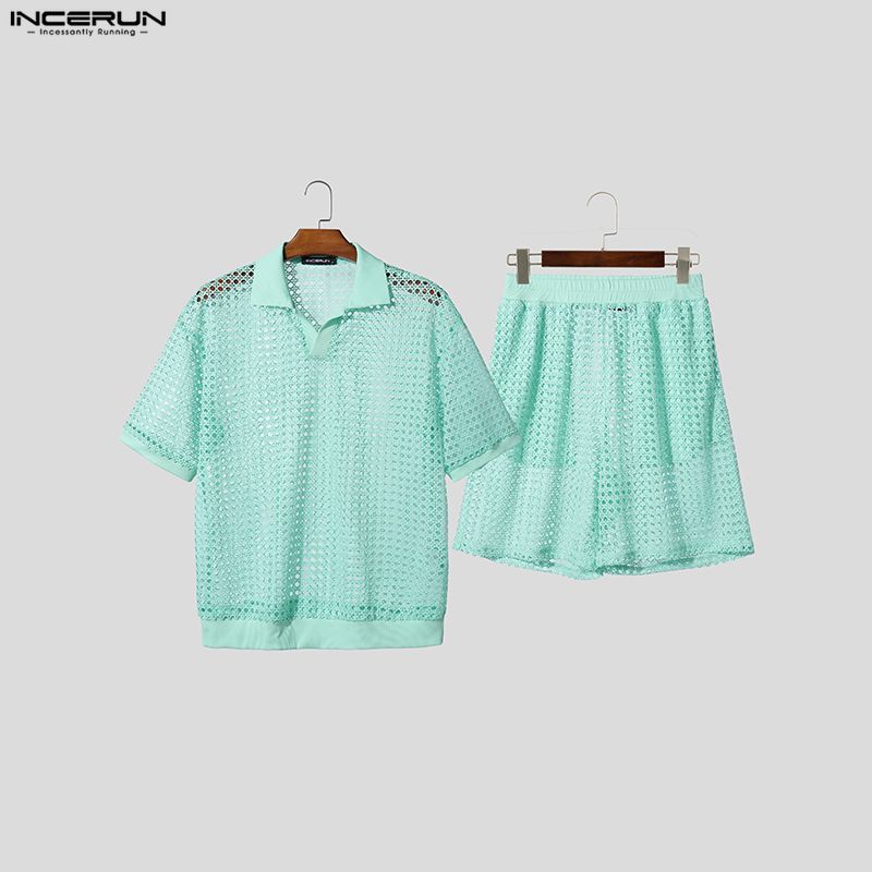 Incerun Beach Sets Men Twopiece Hollow Short Sleeve Tops Elastic Waist Shorts Suits