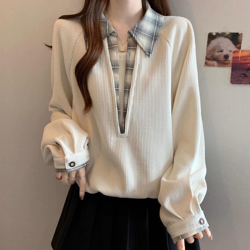 

Fake Two-piece Spliced Women s Sweatshirt Flip Collar Long Sleeved Contrasting Ladies Pullovers Autumn Fashion Versatile Woman Top XL бежевий