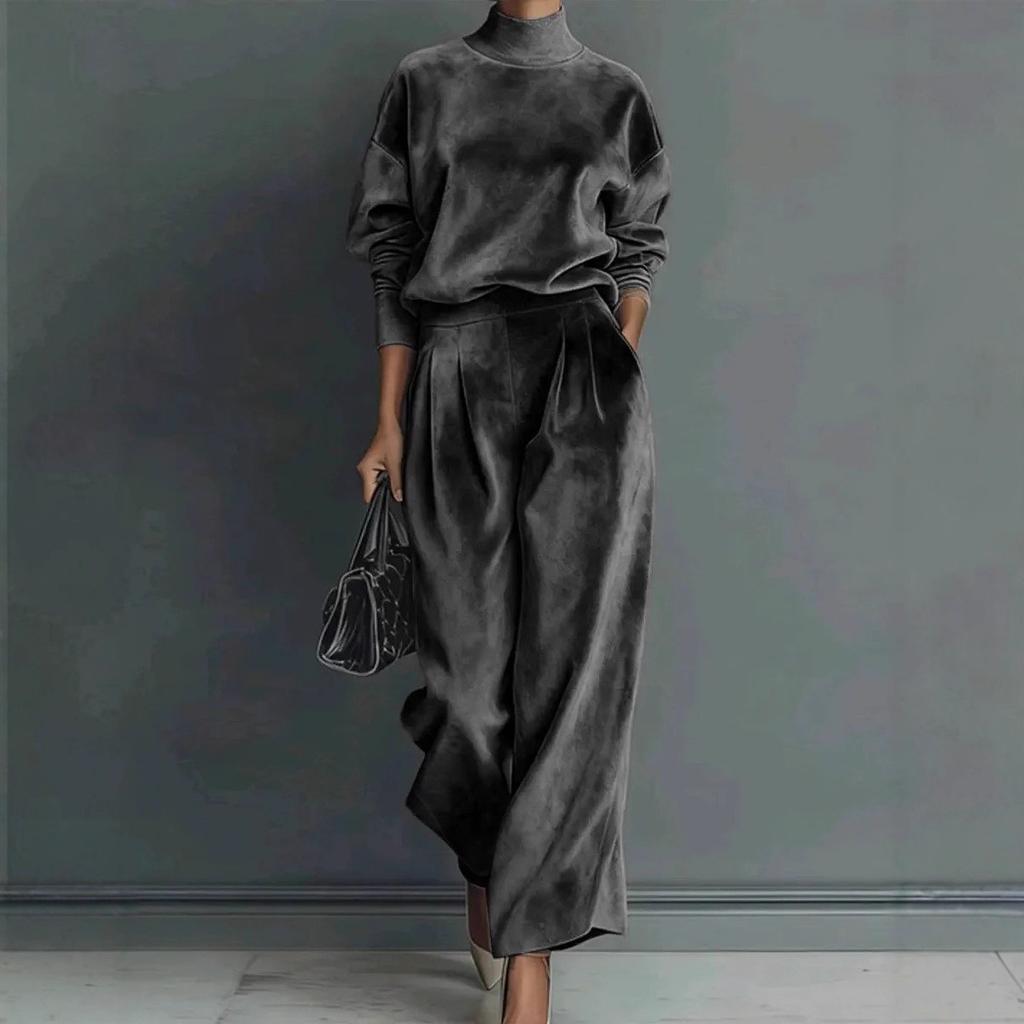 Womens Spring Green Velvet Long Sleeve Top Wide Leg Pants Set
