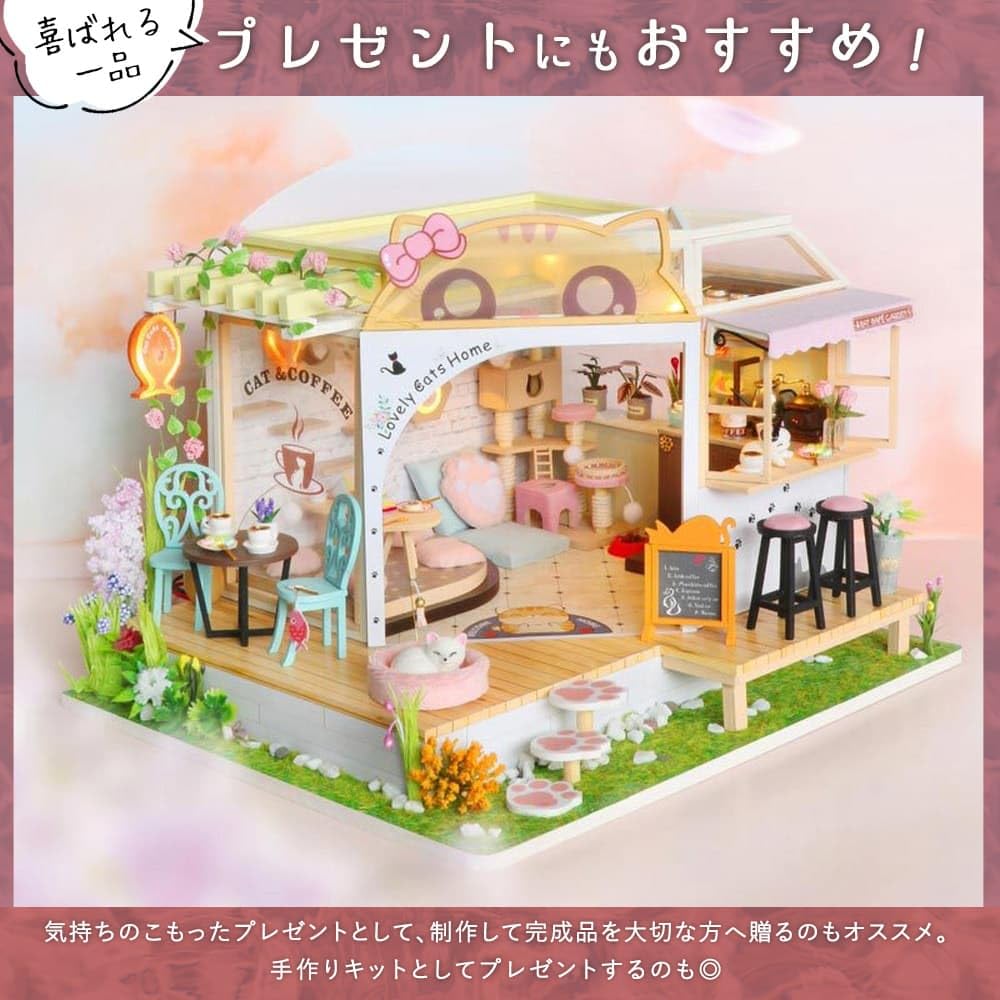 Moin moin Maßstab Puppenhaus Miniatur DIY Bausatz Set Katzen Café Pfotenabdruck Haustier Tier Rosa LED Licht Acrylgehäuse Spieluhr Katzenfigur 1/24 [Englisch