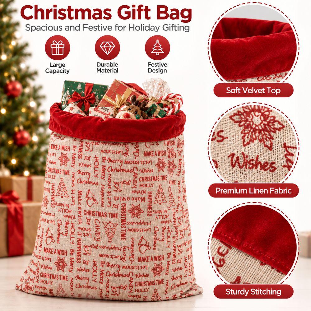 Red Velvet Cuff Christmas Gift Bag Linen Fabric Xmas Gift Bag High Quality Santa Sack Christmas