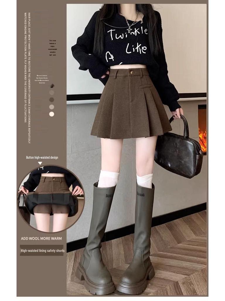 2025 Autumn/Winter Grey Wool Blend High-Waisted Slimming Pleated Skirt