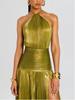 European and American Women's Metallic Pleated Slit Halter Dress 8155 - Sleeveless & Backless