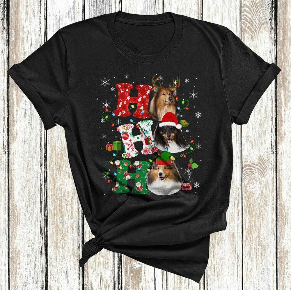Ho Ho Ho Funny Christmas Lights Santa Elf Reindeer Shetland Sheepdog Dog Unisex T-Shirt XXXXL