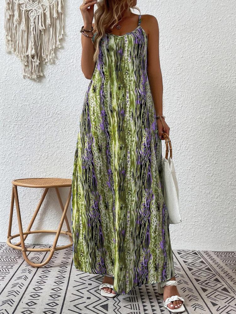 Spring Summer Women Fashion European American Style Printed Suspender Dress
