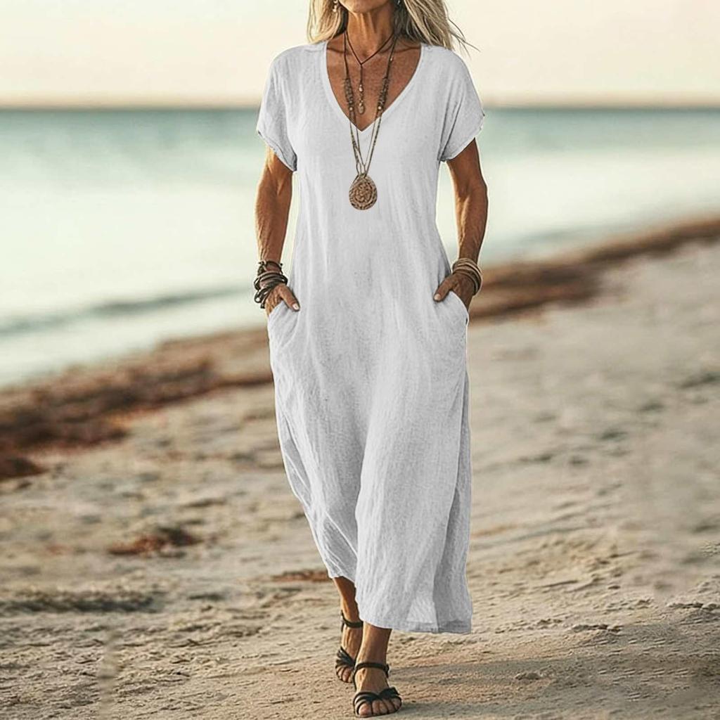 Women V Neck Short Sleeve Loose Fit Maxi Dress with Pockets Casual Summer Lightweight Long Dress for Daily Wear