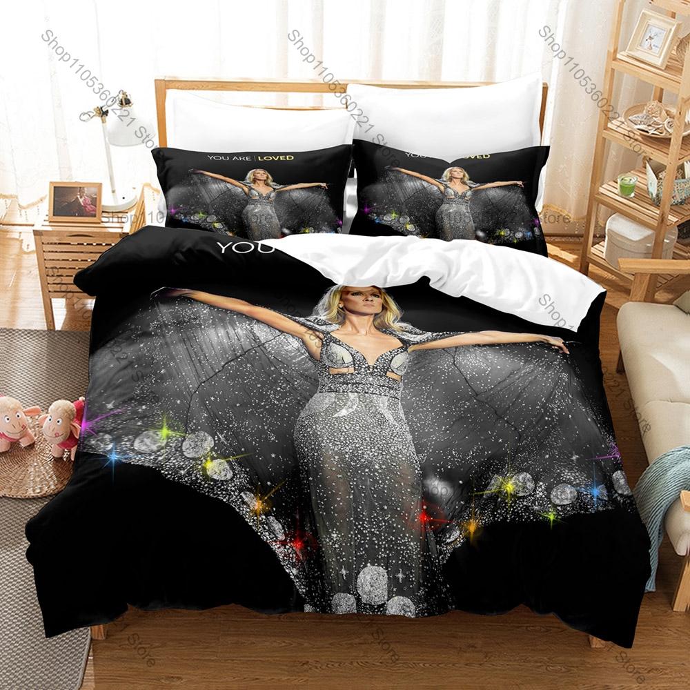 Celine Dion World Tour Singer Print Bedding Set Soft Polyester Duvet Cover + 2 Pillowcases For Pop Music Fans Bedroom Decor