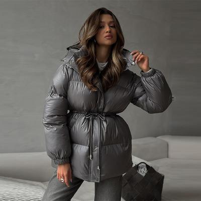 Womens Thick Hooded Cotton Puffer Coat With Drawstring Waist Slim Fit Winter Outerwear Daily Commute