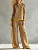Women Contrast Trim Tracksuit Set Henley Neck Long Sleeve Top Wide Leg Pants Two Piece Outfit