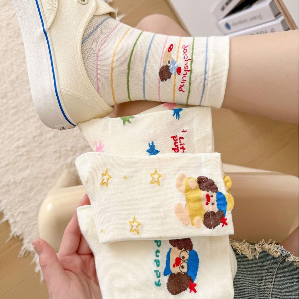 Socks, Medium Socks, Pure Cotton, Spring And Autumn Thin Socks, Piled Up Socks, Trendy Socks, Cotton Socks, Summer Cartoon Striped Dachshund
