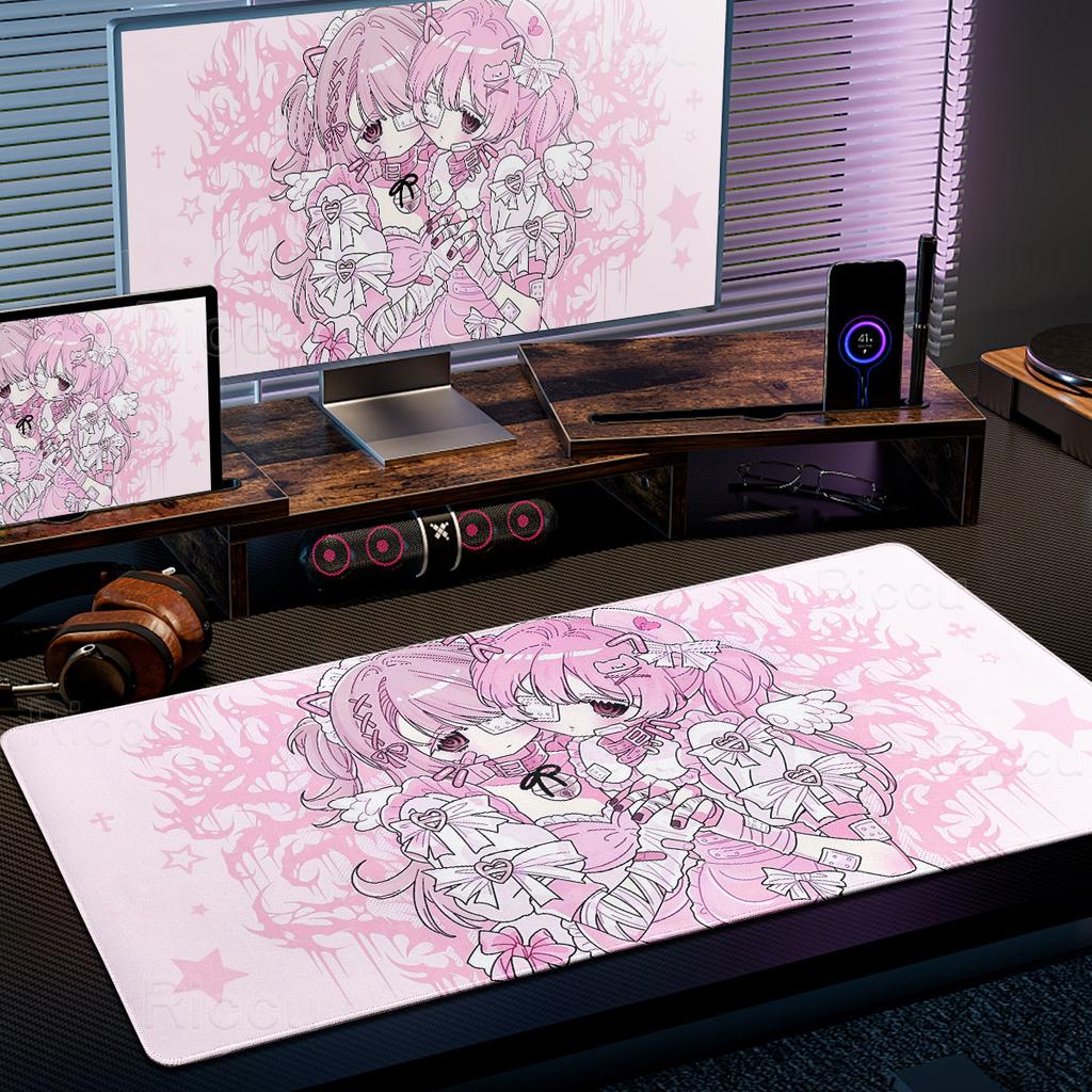 Anime Niedliche Engelsmädchen Mauspads Laptop Gaming Erweiterte Schreibtischunterlage PC Kawaii Gamer Schrank Mauspads XXL Tastaturteppich Rosa Teppich