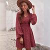 Summer New Polka Dot Women's Dress, Pullover V-neck Long-sleeved Pleated Waist Floral Slim-fit Skirt