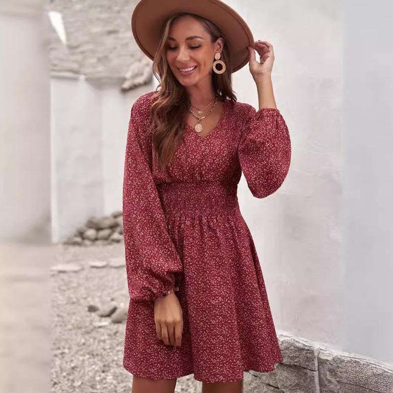 Summer New Polka Dot Women's Dress, Pullover V-neck Long-sleeved Pleated Waist Floral Slim-fit Skirt