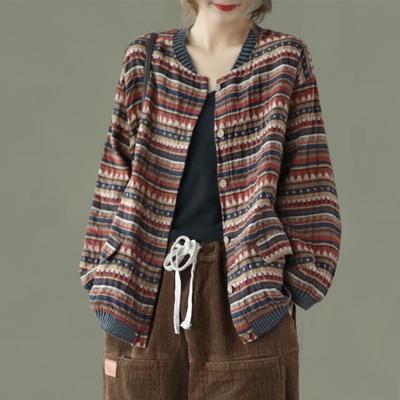 Fashionable Autumn New Loose Literary and Versatile Casual Printed Cardigan Korean Style Cotton and Linen Short Jacket