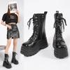 Fashion 8CM Women Platform Shoes Black Gothic Buckle Pu Leather Woman Creeper Punk Shoes Female Black Ankle Short Combat Boots for Women
