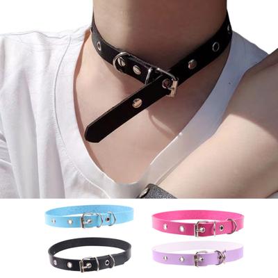 Men Necklace Vintage Punk Style Adjustable Faux Leather Solid Color Bukle Pin Neck Belt Party Club Choker Adult Jewelry
