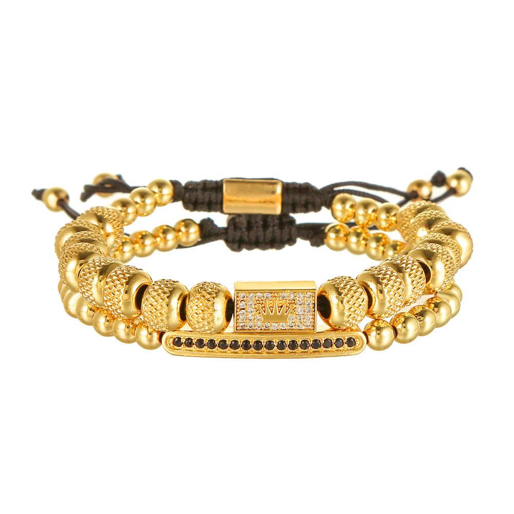Vintage Crown Men Women Copper Beaded Bracelet With Zircon Stones For Travel Gift