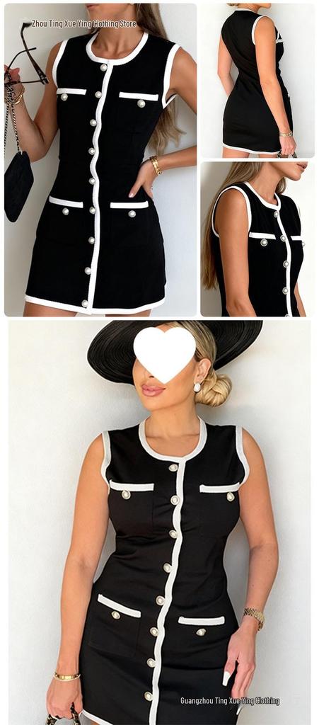 Elegant Sleeveless Knit Dress with Pearl Buttons