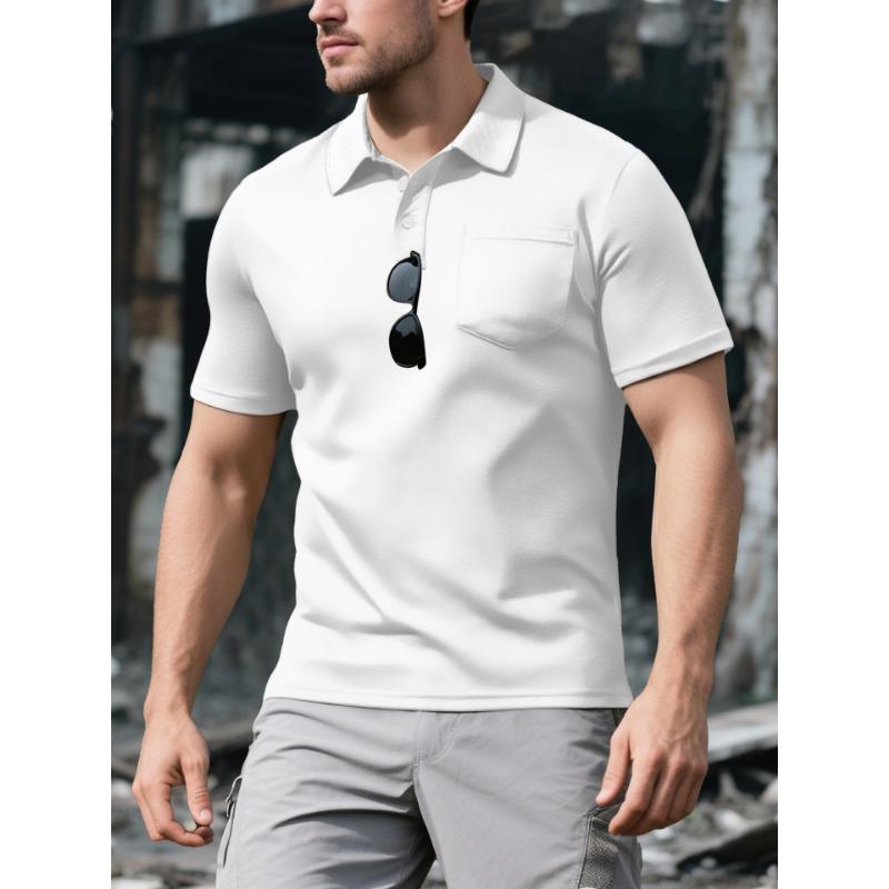 

Mens Casual Solid Color Short Sleeve Pocket Polo Shirt With Glasses Pattern S белый