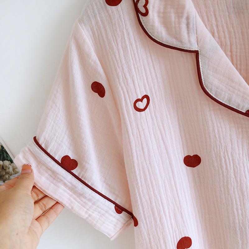 Nuovo set pigiama da donna primaverile ed estivo 100% cotone crepe Love a maniche corte + pantaloncini + pantaloni, set ampio in tre pezzi