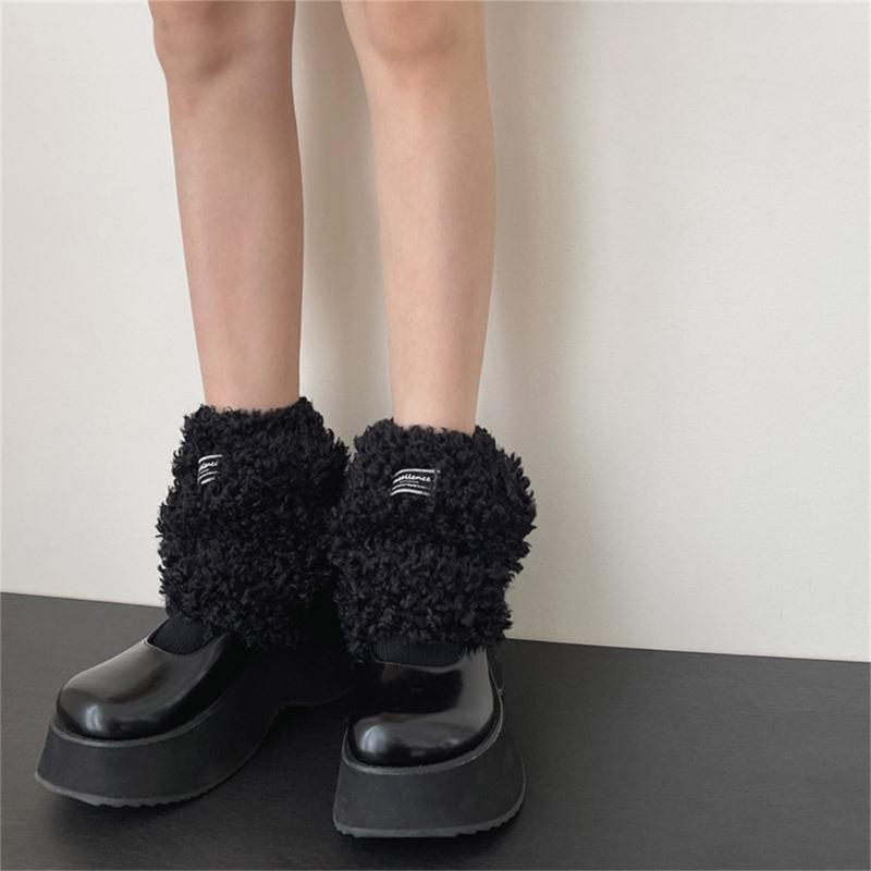 Women Furry Leg Warmers with Letter Label Aesthetic Winter Warm Fuzzy Plush Boot Cuffs Leg Gaiters Socks Streetwear