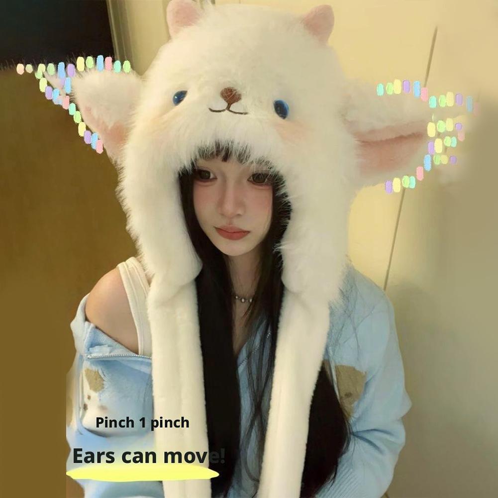 Fluffy Plush Ear Moving Jumping Hat, Cute Cartoon Anime Sheep Jumping Ear Beanie Hats for Women Girls Thickened Earflap Snow Hat