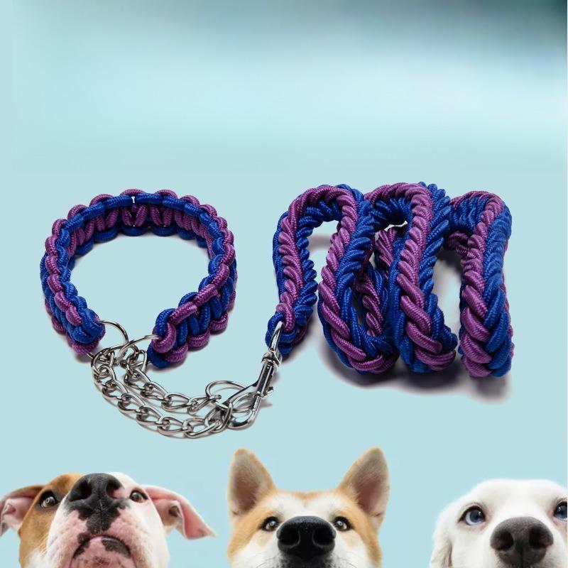 Eight Strand Nylon Braided Dog Leash and Collar Set Thick Bite Resistant Anti Pull Heavy Duty for Medium Large Dogs Walking