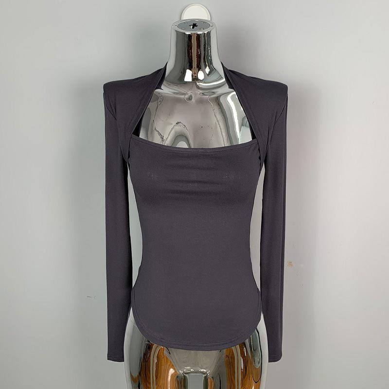 Korean Dongdaemun Sexy Square Neck Slimming Long Sleeve Low-Cut Top for Women