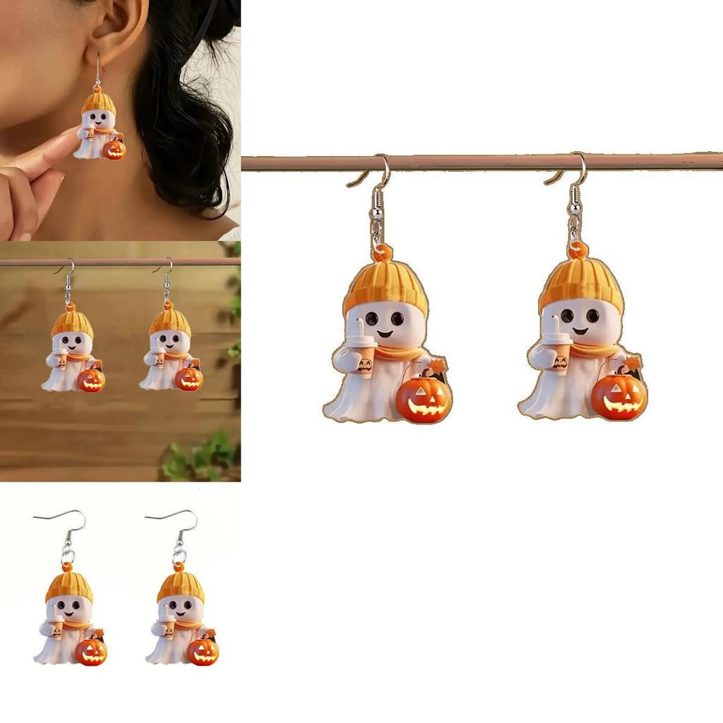 Cartoon Themed Halloween Ghost Milk Tea Pumpkin Pattern Women Acrylic Earrings