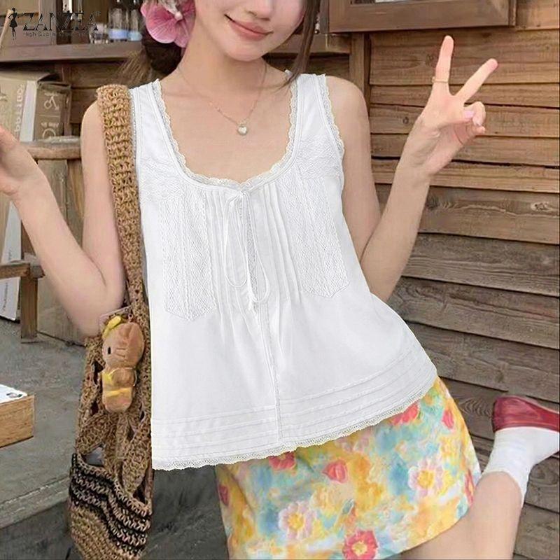 ZANZEA Canottiere Casual Estivi da Donna con Inserti in Pizzo, Scollo a U, Senza Maniche