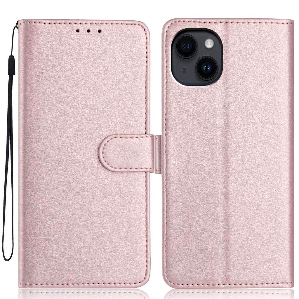 For iPhone 15 Wallet Case with Strap/Multiple Card Slots Solid Color Leather Stand Phone Cover