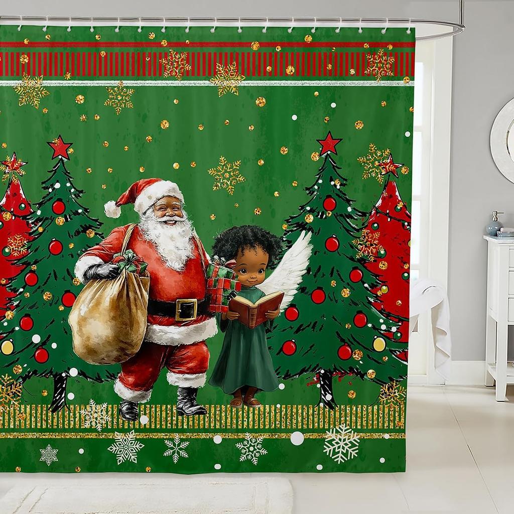 Christmas Cat Shower Curtain Cute Pet Cat Animal Bathroom Shower Curtain Sets, Xmas Decor Christmas Hat Fabric Shower Curtain