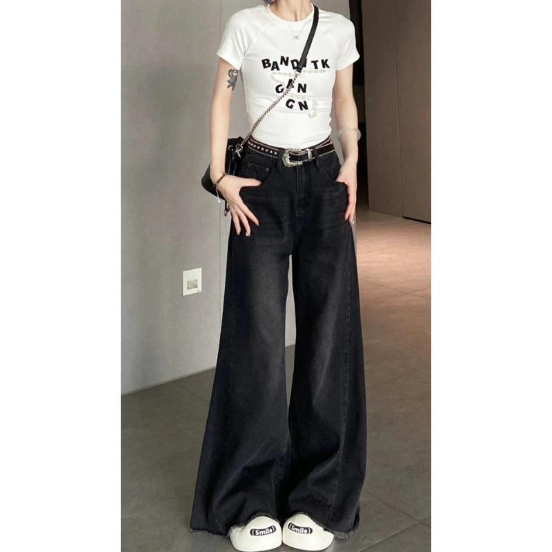 Nové jarní a podzimní černé volné džíny se širokými nohavicemi pro ženy s vysokým pasem, splývavé kalhoty s rovnými nohavicemi, kalhoty k podlaze
